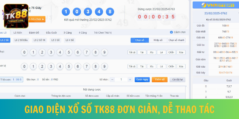 Giao diện sảnh xổ số TK88 thiết kế tối ưu và dễ tiếp cận 