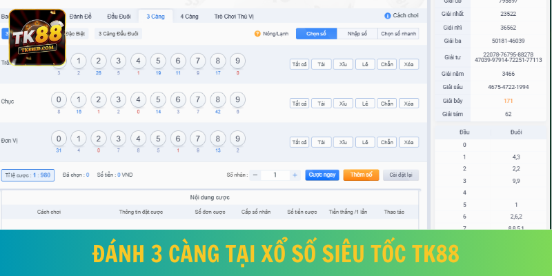 3 càng tại TK88 có tỷ lệ cược cực cao lên đến 1 ăn 980